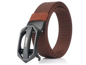 Close-up of brown nylon belt with black metal buckle showing tactical track texture