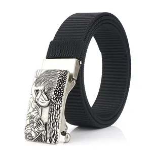 Men's thick black nylon tactical belt with eagle head embossed silver metal buckle