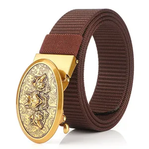 Men's dark brown nylon canvas belt with vintage gold alloy wolf head buckle
