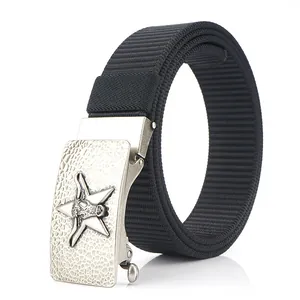 Men's 3.5cm black nylon tactical belt with embossed star and bull head alloy buckle