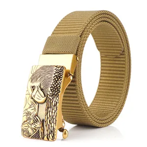 Men's thickened nylon belt with eagle emblem metal buckle and khaki canvas strap