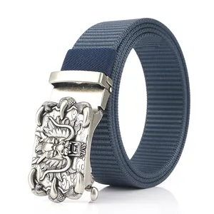 Men's navy blue nylon belt with zinc alloy antique silver dragon buckle for casual wear