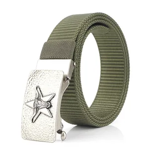 Army green tactical nylon belt for men featuring a silver buckle with star and bull head