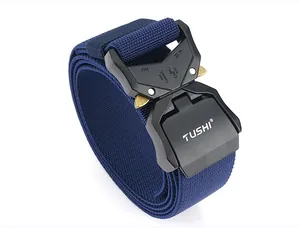 Detail of navy nylon tactical belt with matte black quick release metal cobra buckle