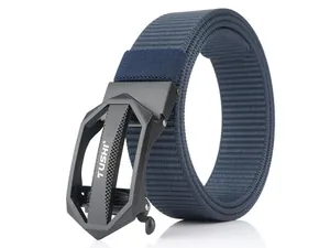 Close-up of a navy blue nylon tactical belt with a black geometric octagon buckle