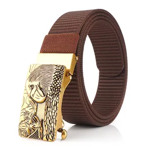 Thickened nylon tank pattern men belt with golden eagle embossed automatic metal buckle