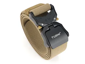 Detailed macro of the quick-release aluminum alloy buckle on a khaki nylon tactical belt