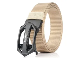 Close-up of khaki nylon belt with textured weave and matte black TUSHI buckle