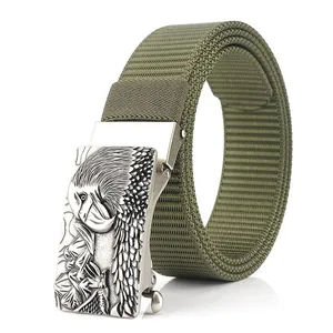 Thick army green nylon tactical belt with eagle embossed silver automatic metal buckle