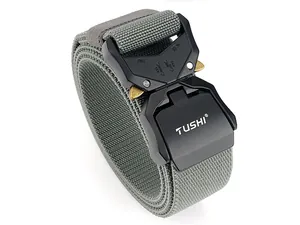 Close-up of gray nylon tactical belt with black quick release buckle and gold levers