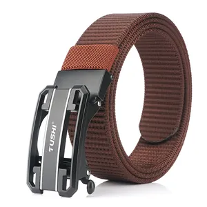 Men's dark brown nylon woven belt with a matte black automatic buckle on white background