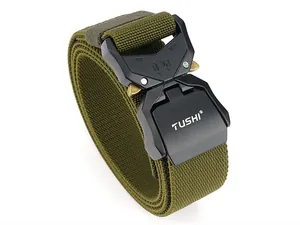 Macro detail of military green nylon tactical belt with black quick-release metal buckle