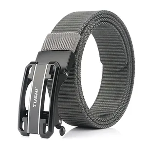 Men's grey nylon tactical belt with black automatic buckle and woven texture