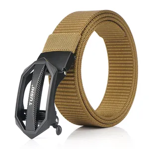 Men's coyote brown nylon canvas belt featuring a black tactical automatic metal buckle