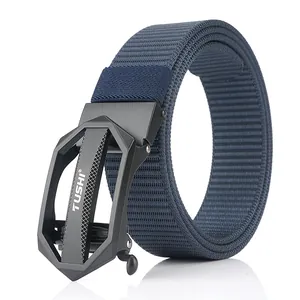Navy blue nylon canvas belt with a black automatic metal buckle featuring track texture