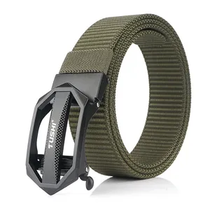 Army green nylon tactical belt with matte black buckle and tank track texture pattern