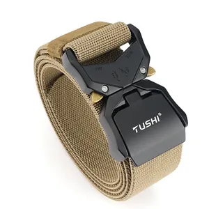 Tactical nylon web belt with dual quick-release aluminum alloy buckle in sand khaki color