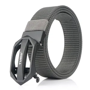 Men's grey nylon belt with black automatic buckle featuring tank track texture