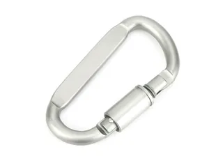 Detailed macro view of the silver gray aluminum D-shaped carabiner with a secure screw-gate lock