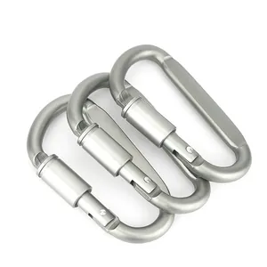 Three heavy-duty silver aluminum locking carabiners in a D-shape design for outdoor use