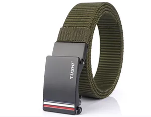 Close-up of military green nylon web belt featuring a black alloy automatic buckle