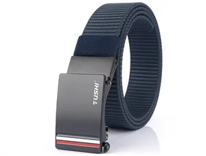 Detail of navy nylon belt with black metal automatic buckle and tricolor accent