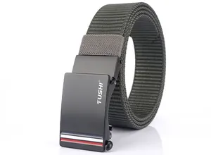 Detail of army green nylon belt with black alloy automatic buckle and TUSHI logo