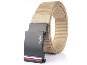 Close-up of khaki nylon tactical belt with matte black automatic buckle and logo