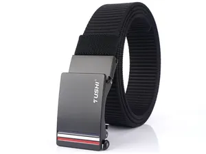 Detail view of black nylon belt with matte alloy automatic buckle and decorative stripes