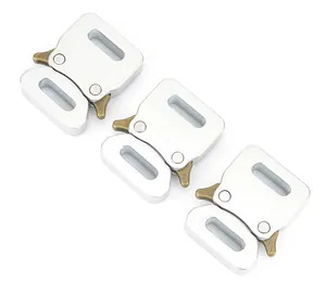 Macro detail of 15mm zinc alloy tactical cobra buckles with brass release levers