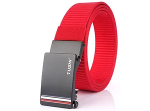 Detail of red woven nylon belt with black alloy automatic buckle and brand text
