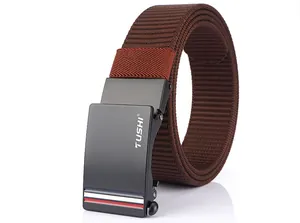 Detailed macro shot of dark brown nylon belt with black matte automatic buckle detail