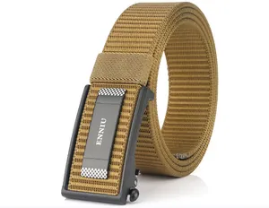 Close-up of khaki nylon tactical belt with black automatic buckle and woven texture
