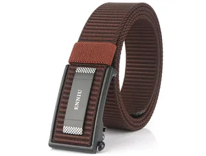 Detail view of men's dark brown nylon tactical belt with textured black automatic buckle