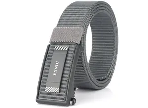 Detailed close-up of charcoal gray nylon woven belt texture and black matte buckle