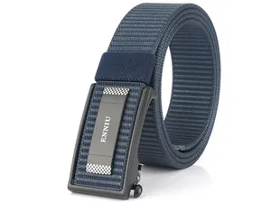 Close-up of a men's navy blue nylon tactical belt with a black matte automatic buckle