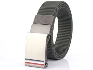 Detail view of olive green nylon tactical belt with a gray automatic alloy buckle