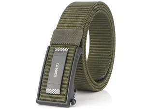 Detail of army green nylon tactical belt with black automatic buckle and textured weave