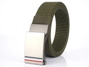 Close-up of military green nylon tactical belt with silver brushed metal buckle and stripes
