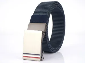 Detail of navy nylon belt with gun-grey automatic alloy buckle and striped accent