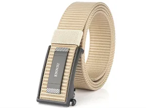 Close-up of khaki nylon tactical belt with black automatic metal buckle and checkered logo
