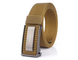 Detailed close-up of khaki nylon woven belt with dark grey metal automatic buckle