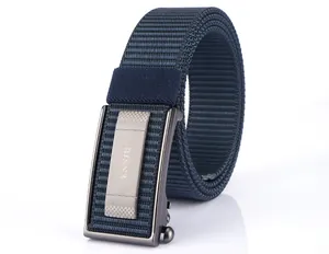 Detail of navy blue nylon tactical belt featuring checkered metal buckle and grid texture