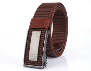 Detailed view of the dark brown nylon tactical belt with a grey automatic metal buckle