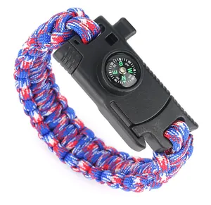 Close-up of tricolor paracord survival bracelet with integrated compass and buckle