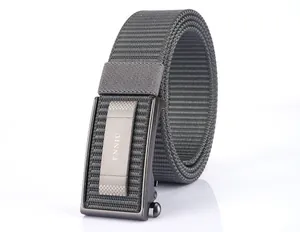 Detail of dark grey tactical nylon belt with matte alloy automatic buckle and logo