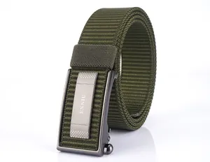 Macro shot of army green nylon belt with durable grey metal automatic buckle