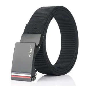Men's casual black nylon woven belt with automatic alloy buckle and matte finish