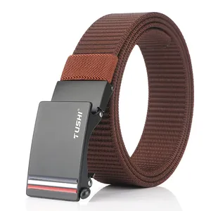 Men's dark brown nylon woven belt with black automatic alloy buckle and stripes