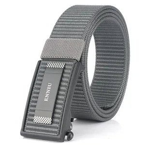 Men's nylon tactical belt with automatic black buckle and gray woven fabric strap